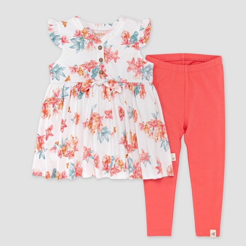 Burt's Bees Baby® Girls' Paradise Floral Tunic & Capri Leggings Set -  White/pink 3-6m : Target