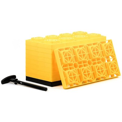 Camco 44515 FasTen 4x2 Durable Plastic RV Mobile Home Camper Leveling Interlocking Stabilizer Blocks with T Handle for Dual Tires, Yellow (10 Pack)