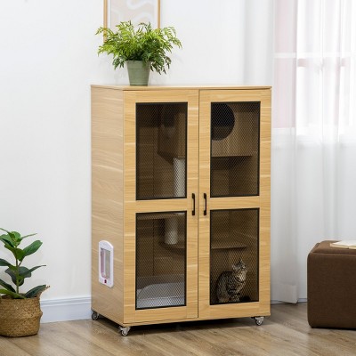 LAOTIES 48" Luxury Indoor Cat House with Wheels,Wooden Catio with Scratching Posts,Flap Door And Shelves