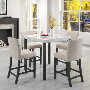 5Pcs Dining Sets Imitation Marble Tabletop Solid Wood Dining Table 4 Chairs Kitchen, Space Saving Dining Sets, Black White - 1 of 4