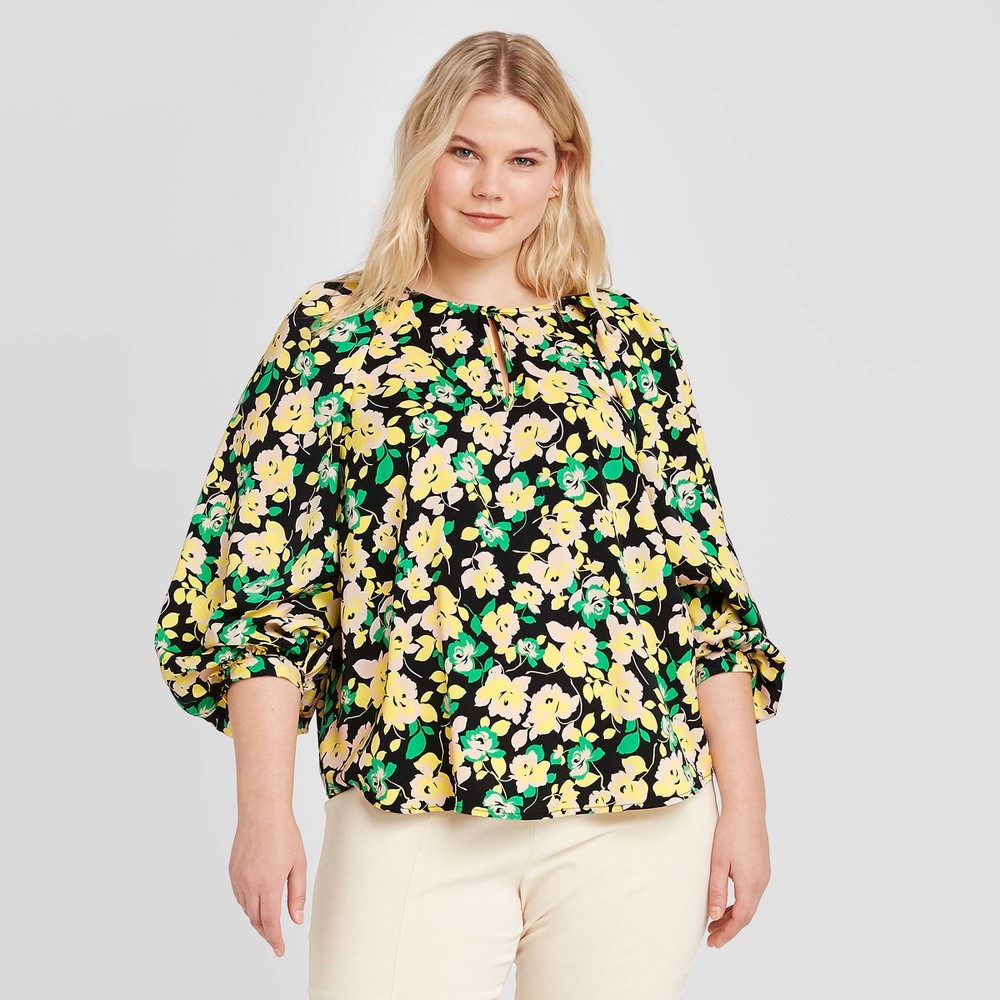 Women's Plus Size Floral Print Balloon Long Sleeve Blouse - Who What Wear Yellow 2X was $27.99 now $16.79 (40.0% off)