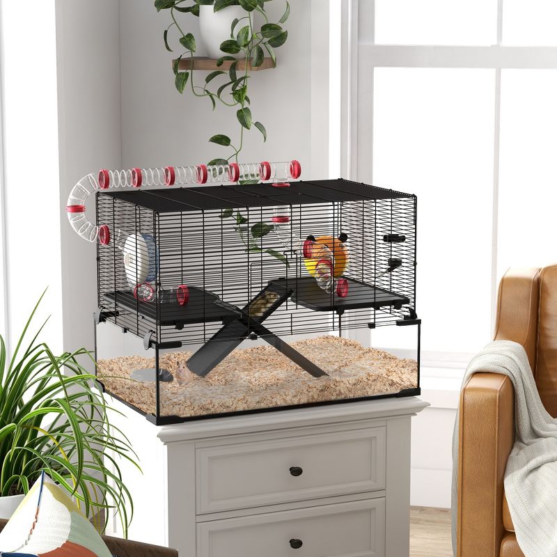 PawHut 31" Hamster Cage with Tube Tunnel, Rat Gerbil Cage w/ Deep Glass Bottom, Water Bottle, Food Dish, Exercise Wheel, Ramps, 3 of 7
