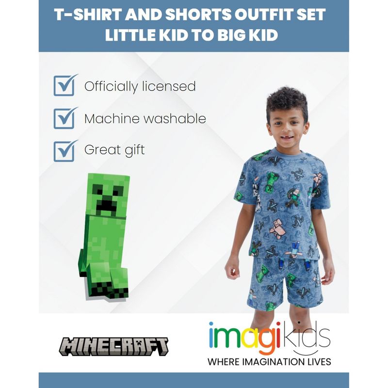 Minecraft Creeper Zombie Steve French Terry T-Shirt and Bike Shorts Outfit Set Little Kid to Big Kid, 3 of 8