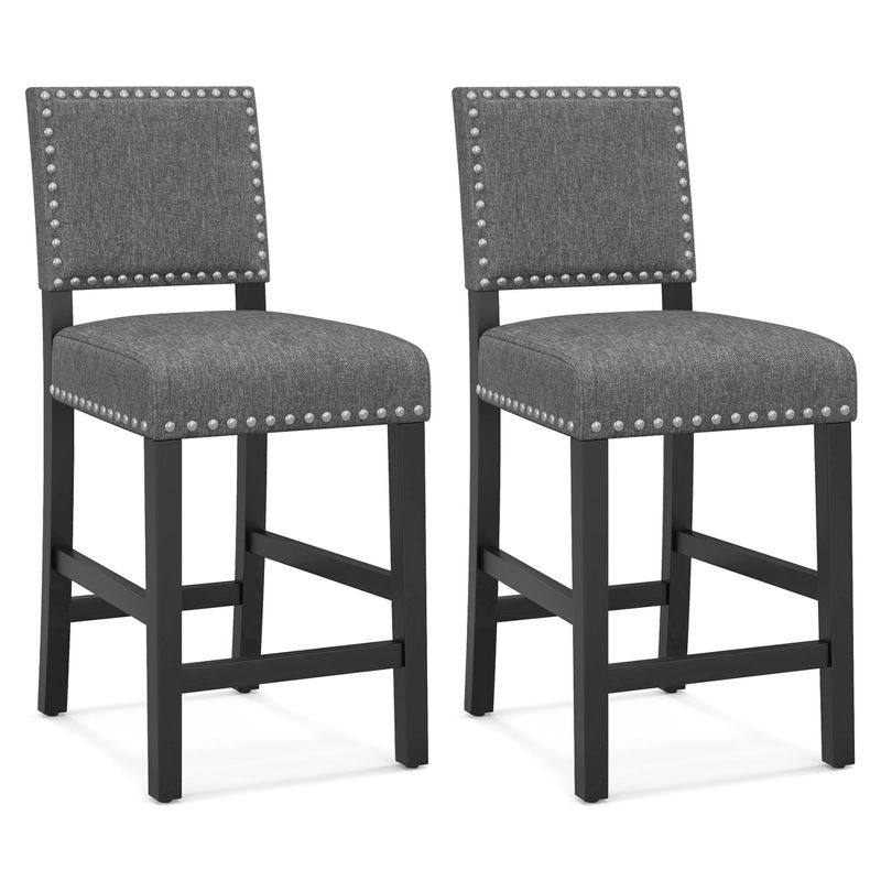 Costway Set of 2 Counter/Bar Height Chairs with Solid Rubber Wood Frame & Adjustable Foot Pads Gray & Dark Brown, 1 of 10
