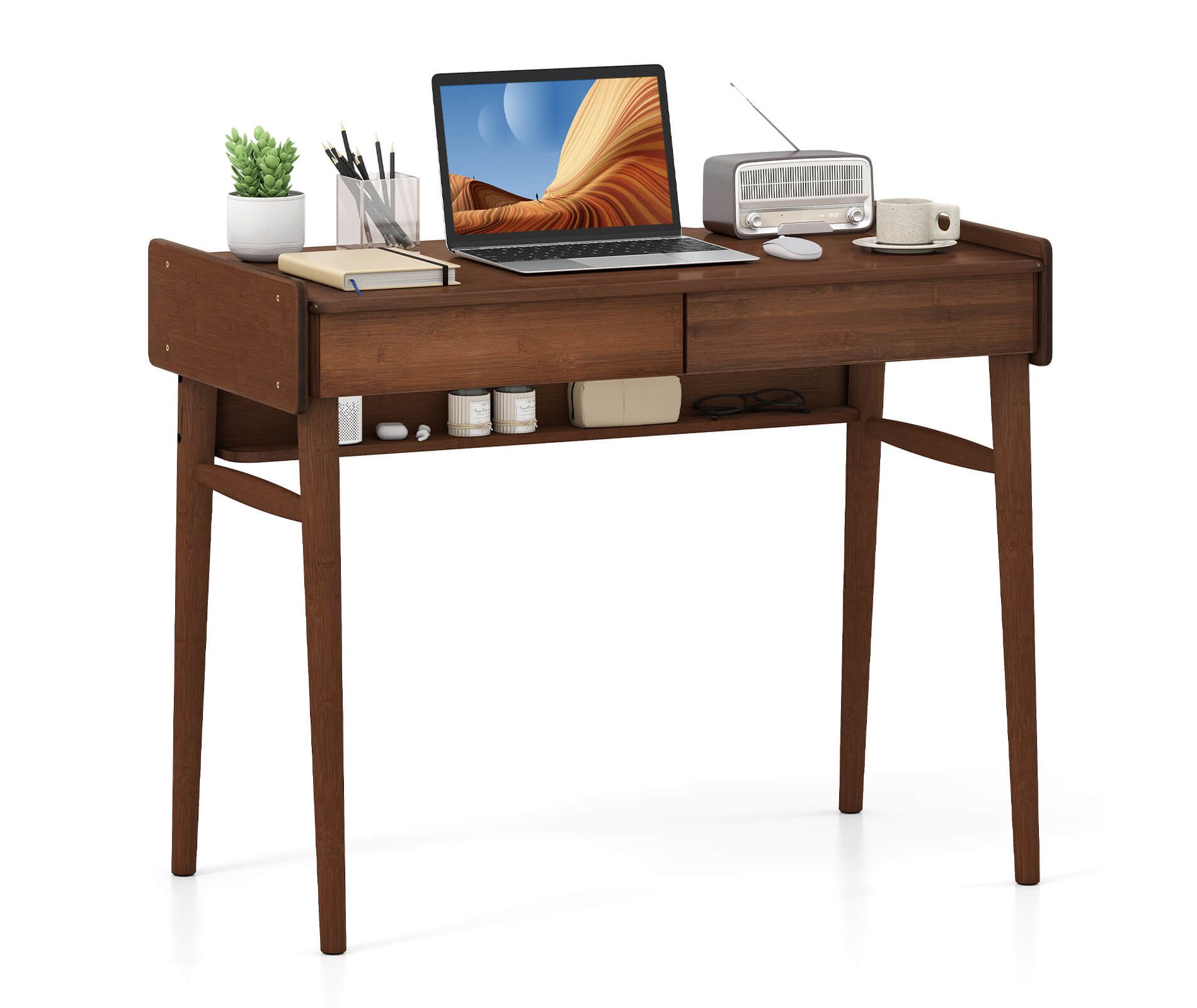 Costway Bamboo Writing Desk 39.5" Computer Study Desk with 2 Storage Drawers & Open Shelf