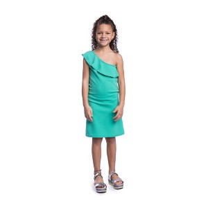 24seven Comfort Apparel Girls Solid Color One Shoulder Ruffle Knee Length Dress - 1 of 4