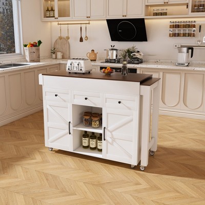 74.8" Kitchen Island with Extendable Dining Table & Power Outlet - Rolling Storage Cart on Wheels with 3 Drawers