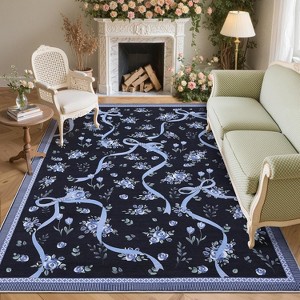 Floral Bow Rugs , Rug for Living Room with Soft Low Pile, Blue Washable Area Rug for Nursery Kids Dorm Playroom - 1 of 4