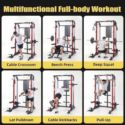 Multi-Function Power Cage with Cable Crossover System, 2000LBS Capacity Squat Rack with Weight Bench, Weight Cage for Garage & Home Gym, Black+Red