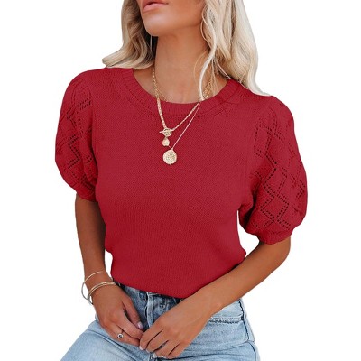 Women's Lightweight Short Sleeve Crewneck Sweaters Knit Pullover Tops with Casual Crochet Sleeve Blouse,Red - L