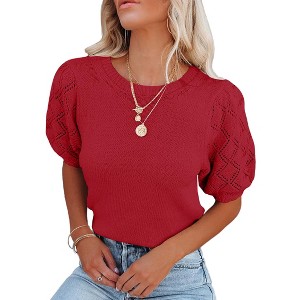 Women's Lightweight Short Sleeve Crewneck Sweaters Knit Pullover Tops with Casual Crochet Sleeve Blouse,Red - L - 1 of 3