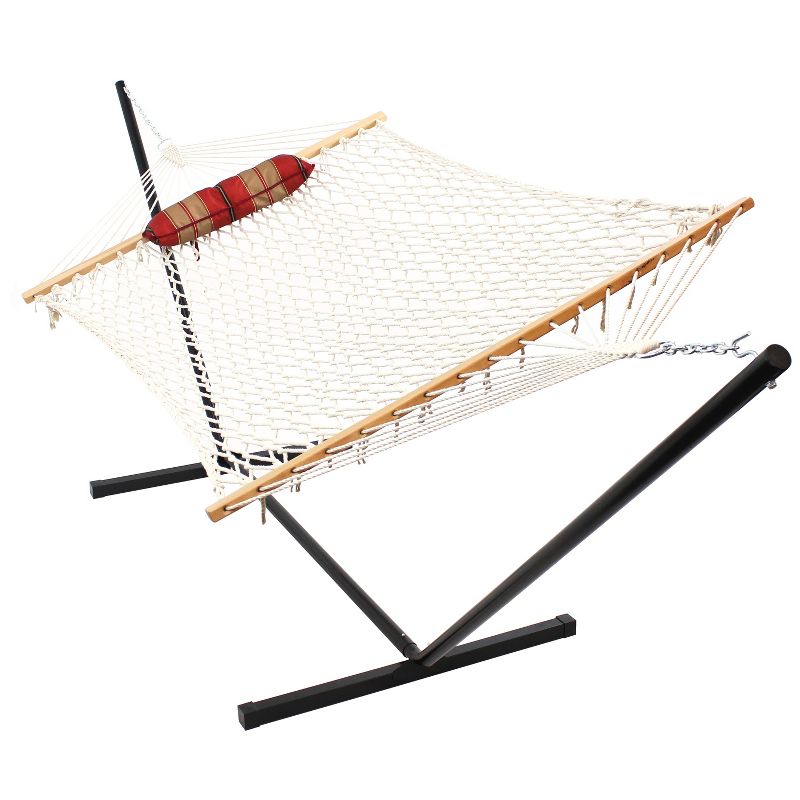 Sunnydaze Cotton Rope Freestanding Hammock with Spreader Bar with Portable Steel Stand and Pad and Pillow Set - 12' Stand, 5 of 11