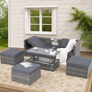 ELJGET 5 Piece Patio Furniture Set,  All-Weather PE Rattan Wicker Outdoor Sofa Set with Adjustable Chaise Lounge Frame & Lift-top Coffee Table - 1 of 4