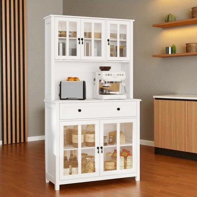 71" Pantry Storage Cabinet with Microwave Countertop, Freestanding Kitchen Hutch with 5 Glass Doors, 3 Shelves & Large Drawer