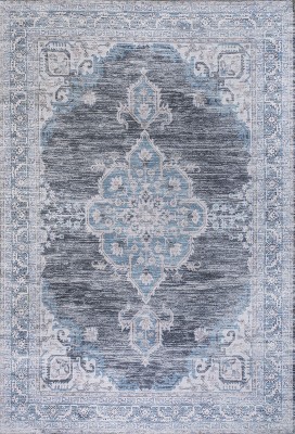 Gray and Blue Chenille Medallion Washable Area Rug
