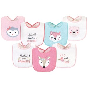 Hudson Baby Infant Girl Cotton Terry Drooler Bibs with Fiber Filling, Pink Girl Woodland, One Size - 1 of 4