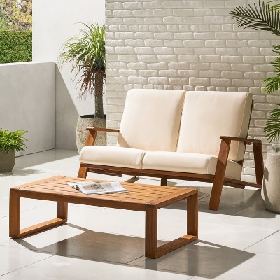 NicBex Outdoor Dining Table Set Wooden Coffee Table & Loveseat with Cushion,Patio Furniture Set for Garden, Backyard, Porch