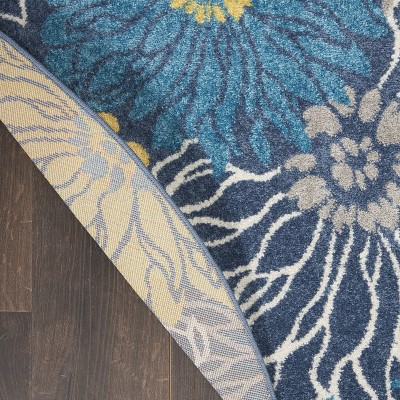 Blue and Yellow Floral Round Synthetic Area Rug, 5'3"