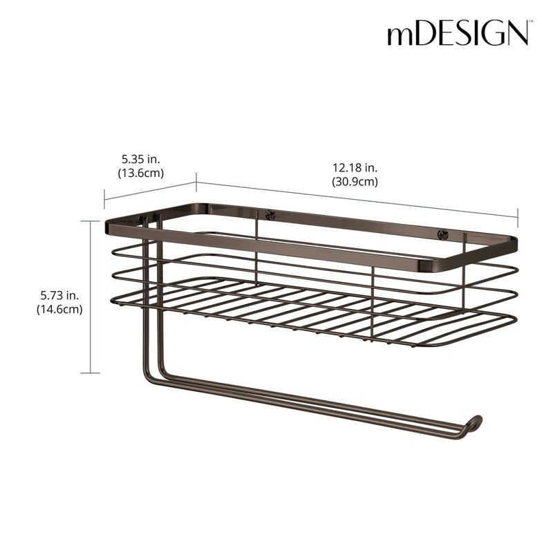 mDesign Steel Horizontal Wall Mounted Paper Towel Holder with Basket, 3 of 11
