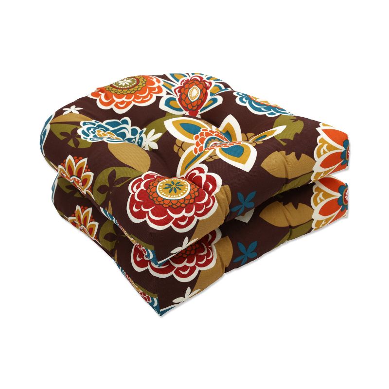 Outdoor 2-Piece Wicker Seat Cushion Set - Brown/Turquoise Floral - Pillow Perfect, 1 of 6