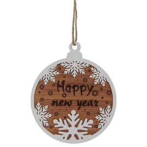 Northlight Wooden Snowflake "Happy New Year"  Christmas Ornament Disc - 7" - White and Brown - 1 of 4