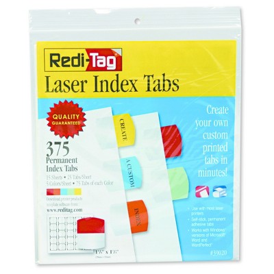 Redi-Tag Laser Printable Index Tabs, 1 1/8 x 1 1/4, 5 Colors, 375/Pack