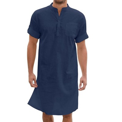 Men's Linen Kaftan Thobe Short Sleeve Robe Gown Casual Longline T Shirts for Beach