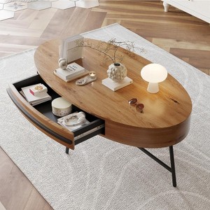 Oval Coffee Table with Drawer Mid-Century Modern Center Table 47.2" Wooden Coffee Table with Storage and Cross Metal Legs Unique Curved Design - 1 of 4
