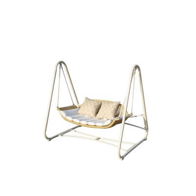 CAVINAS Chic 2-Seat Patio Porch Swing,Rattan Hammock Swing Chair with Cushion,Outdoor Swing for Garden&Backyard,750LBS Capacity,Golden