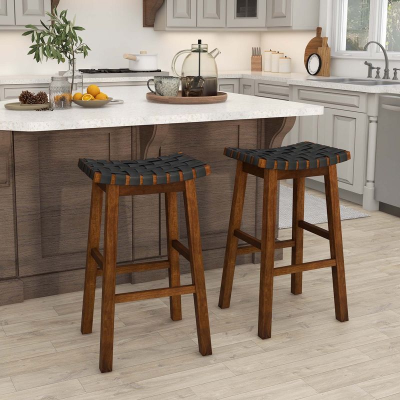 Costway Woven Saddle Stools Set of 2 Faux PU Leather Counter Height Kitchen Stool, 2 of 9