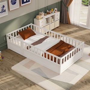 KTMBDW Twin/Full Size Floor Bed, Wood Montessori Floor Bed with Fence and Door, Kids Montessori Bed, Montessori Floor Bed for Kids, Girls, Boys - 1 of 4