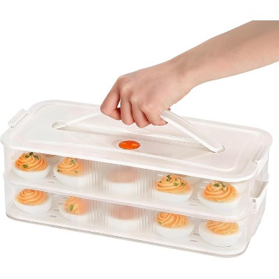 3-Layer Deviled Egg Container with Lid, Clear Stackable Platter with Handle for Fridge and Camping