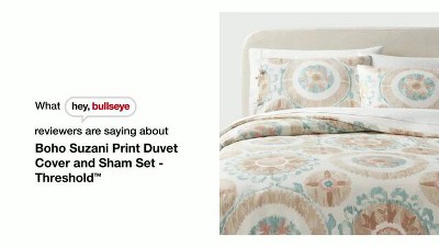 Full/Queen Ivory and Light Teal Cotton Suzani Print Duvet Cover Set