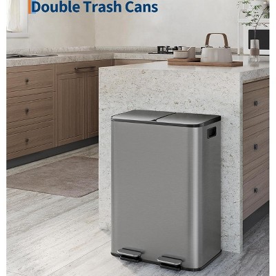 Kitchen Dual Trash Can, Large Step-on Garbage Cans with Soft-Close Lid & Removable Inner Bucket, Fingerprint-Resistant, Odor Proof