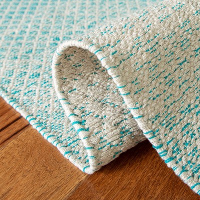 Turquoise and Ivory Cotton Handwoven Square Rug - 4' x 4'