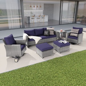Sonkuki 6-Piece Patio Conversation Set with Swivel Rocking Chair and Side Table, Navy Blue Cushion - 1 of 4