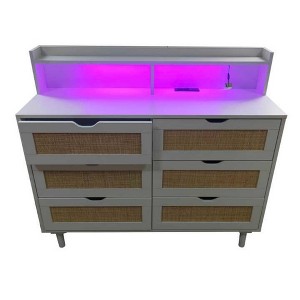 43.31" 6-Drawers Rattan Storage Cabinet with LED Lights and Power Outlet,6 Rattan Drawer for Bedroom,Living Room - 1 of 4