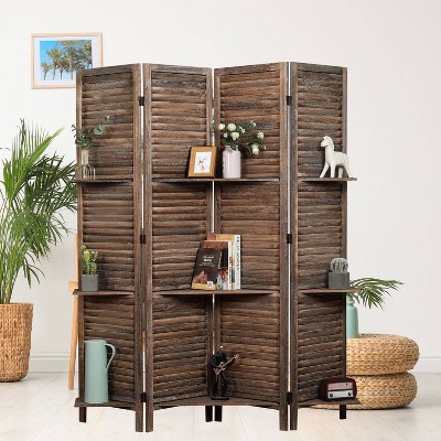 Rustic Brown Paulownia Wood 4-Panel Folding Screen with Shelves