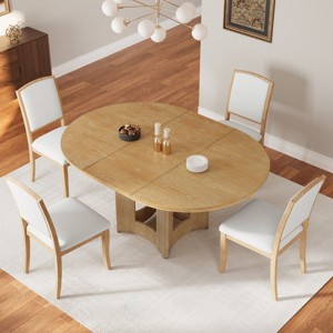 41”-57” Extendable Farmhouse Round Dining Table Set for 4, Solid Wood Table with Removable Leaf and Upholstered Chairs-3irtyhousy - 1 of 4