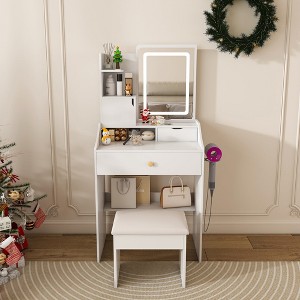 Hrinhom 23.6"W Pink Dressing Table,3-Color LED Vanity Mirror with Stool - 1 of 4