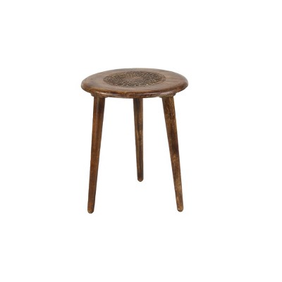 Mesh Cut Out Carved Mango Wood Octagonal Folding Table with Round Top, Antique White and Brown