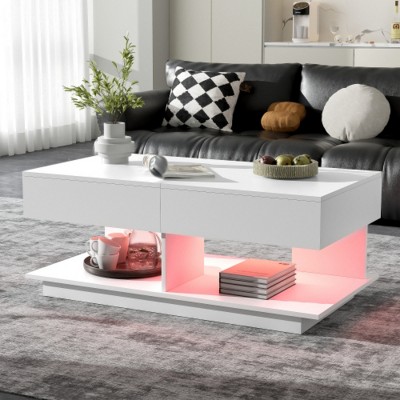 Modern Coffee Table with LED Lights and Hidden Storage Space,High-Gloss Finish Center Table for Living Rooms and Small Spaces-Maison Boucle