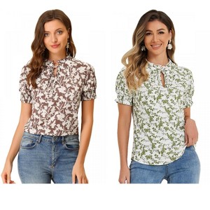 INSPIRE CHIC Women's Ruffle Tie V-Neck Casual Smocked Short Sleeve Floral Top 2 Packs - 1 of 4