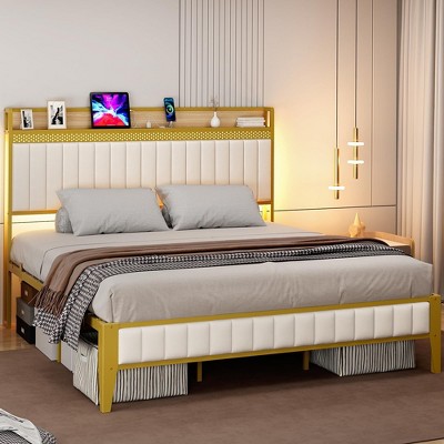 Upholstered Bed Frame with Charging Station and LED Lights