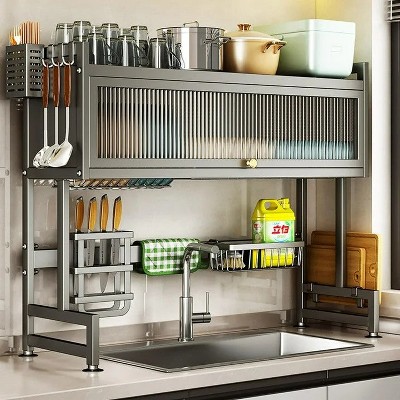LunaLulinlk Dish Drying Rack, Large Stainless Steel Over The Sink 2 Tier Dish Rack with Cover for Kitchen (Black, Large 33.5" Length)