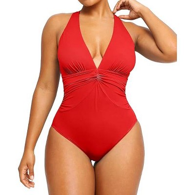 SHAPELLX Women's One Piece Swimsuit Tummy Control Ruched Full Coverage Bathing Suit V Neck Slimming Swimwear—Red 38
