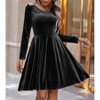 Coolmee Women's Velvet Midi Dresses Casual Crew Neck Long Sleeve Dresses Solid Color Waisted Pleated Flowy Evening Party Gown 2XL Black - 3 of 4