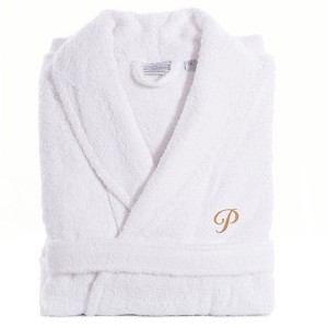 Linum Home Textiles 100% Turkish Cotton Unisex Personalized Terry Bathrobe White in Gold Script Font - 1 of 2