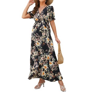 Women's Maternity Wrap Maxi Dress with Belt - Short Puff Sleeve V-Neck Ruffle Hem Pregnancy Dress - 1 of 4