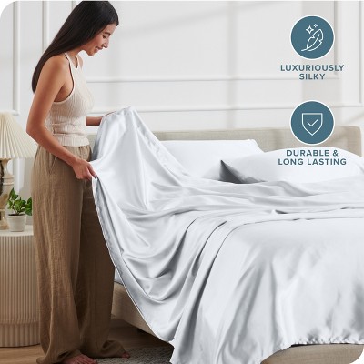 White Twin Poly Satin Sheet Set with Pillowcase